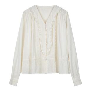 solighter 法式亚麻v领花边衬衫女秋季2025新款气质长袖收腰上衣