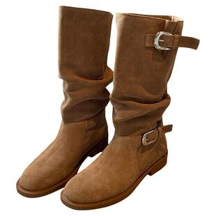 【TFM】堆堆靴女2025年新款磨砂牛皮西部牛仔靴复古尖头中筒靴子