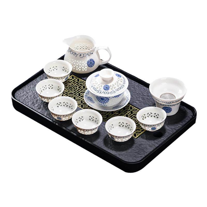 青花瓷玲珑茶具套装家用蜂窝镂空整套陶瓷功夫茶具泡茶壶茶杯盖碗