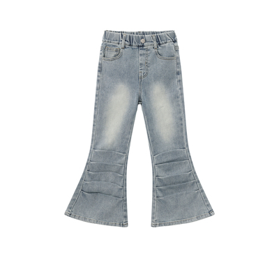 OLAMIMI儿童亲子2026春做旧蓝褶皱简约磨白柔软喇叭牛仔裤九分裤