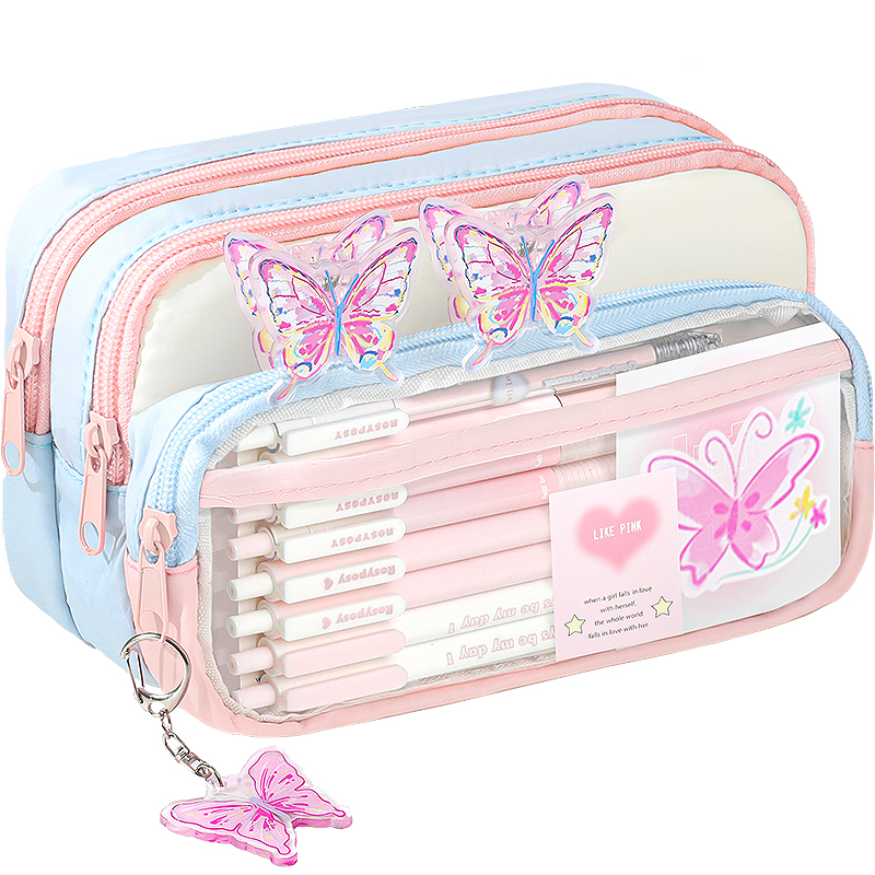 粉色蝴蝶~大容量多巴胺透明笔袋2025年新款女生高颜值ins风铅笔盒初中生超火撞色女孩款小学高中生文具盒简约