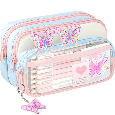 粉色蝴蝶~大容量多巴胺透明笔袋2025年新款女生高颜值ins风铅笔盒初中生超火撞色女孩款小学高中生文具盒简约