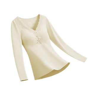 蕾丝保暖内衣女加绒加厚秋衣秋裤套装2026秋冬带胸垫修身上衣