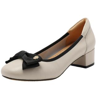 百丽女鞋平底软底妈妈鞋粗高跟鞋新款真皮浅口单鞋子B5T1DCQ4预