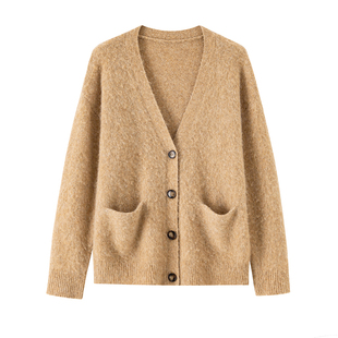 BANANA CICI2026年春季新款羊毛羊驼拉毛V领长款针织开衫毛衣外套