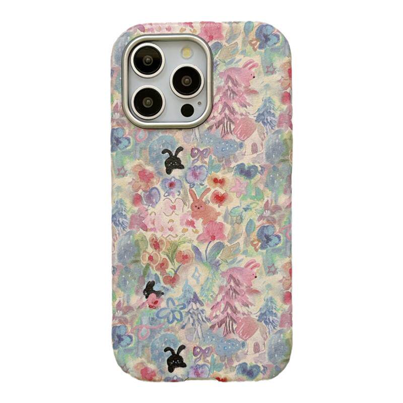 可爱彩色油画兔子适用苹果17手机壳花朵挂绳iPhone16ProMax新款15pro防摔13女款小众12皮质14pro全包卡通软壳