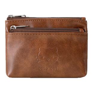 kt猫手工油蜡皮质零钱包女可爱迷你便携耳机钥匙证件小卡包