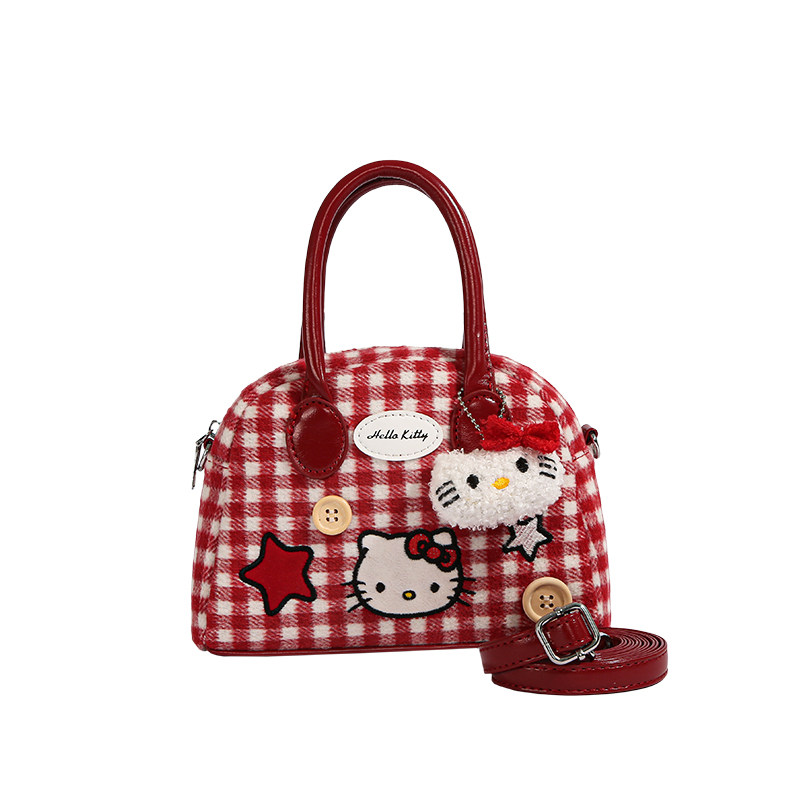 可爱hellokitty手提包女2025新款小众格纹单肩斜挎包迷你保龄球包
