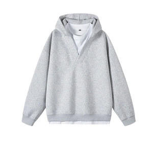 悟空有货秋简约撞色V领假两件连帽卫衣男潮牌宽松情侣高级感帽衫