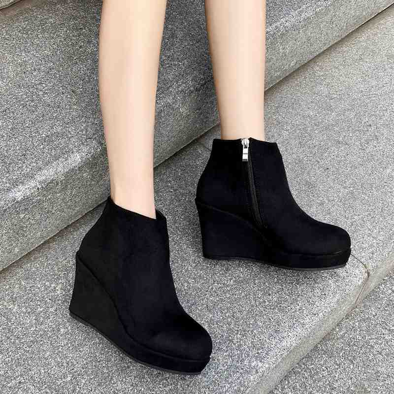 2025秋冬内增高坡跟加绒短靴拉链厚底防水台女靴松糕防滑超高跟鞋