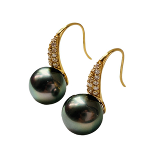 大溪地黑珍珠耳钉天然海水珍珠耳环18K金耳饰正圆强光孔雀绿高端