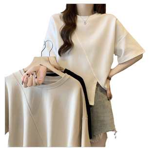 不规则下摆短袖T恤女夏装韩版宽松短款小个子设计感小众上衣潮ins