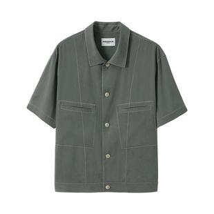 雾面贡缎铜氨质感 一线到底撞色压线 夹克式短袖衬衫外套男夏