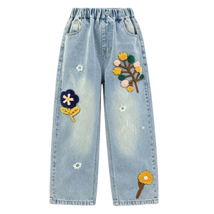 2026新款韩版女童牛仔裤春秋款外穿儿童阔腿裤宽松款舒适毛巾绣款