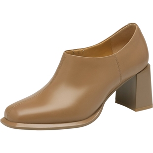 沙驰女鞋时尚方头不累脚通勤女单鞋2025秋冬新款中粗跟深口小皮鞋