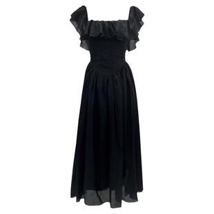 法式复古浪漫度假风连衣裙绝美别致茶歇方领收腰黑色裙子长款女夏