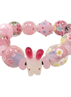 日式琉璃浪漫粉色花送兔子珠子