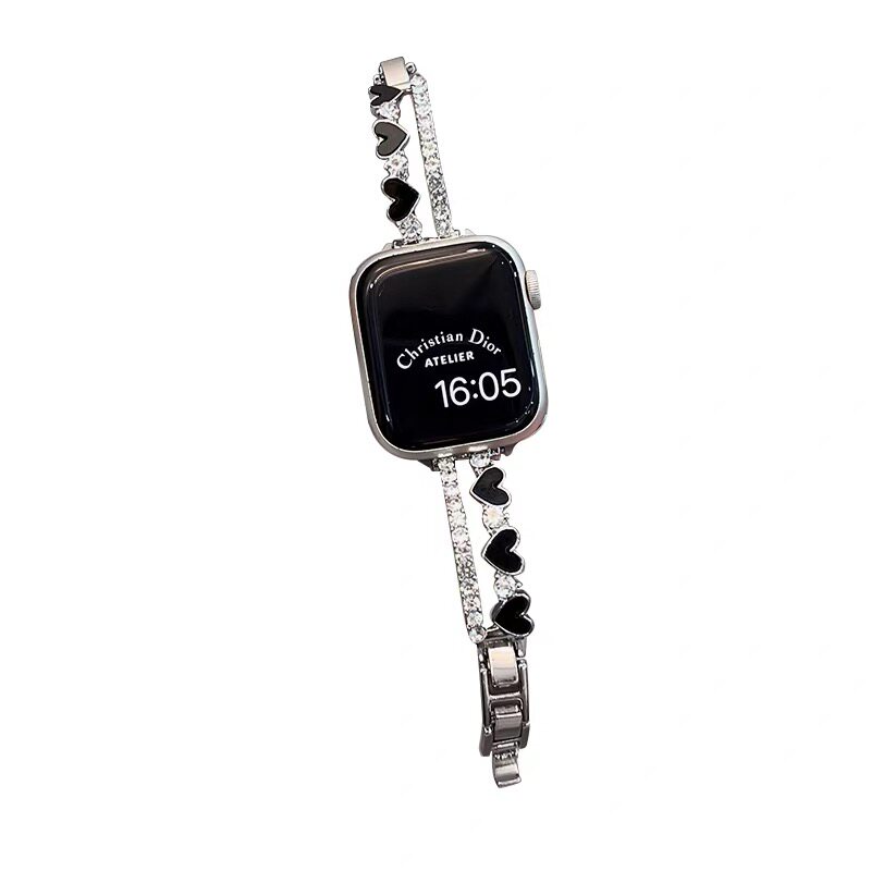 细款心形镶钻金属链条苹果手表表带适用AppleWatch11iwatch109SE