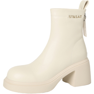 星期六马丁靴女2025冬季新款女款女靴白色增高粗跟靴子短靴骑士靴