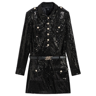 bebe冬季系列女士经典包臀衬衫廓形丝绒珠片装饰连衣裙450009