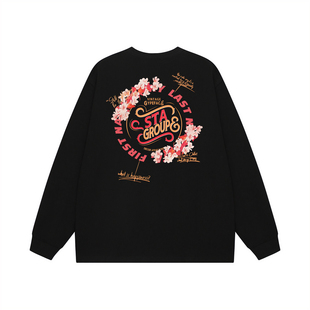 STA美式复古潮牌重磅纯棉长袖男女秋冬季高街嘻哈宽松黑色上衣T恤