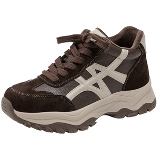 奥康 女鞋2025冬季德训鞋拼色美拉德加绒增高休闲运动鞋门店发货