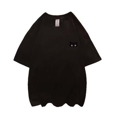 黑猫刺绣纯棉T恤男女2025夏季