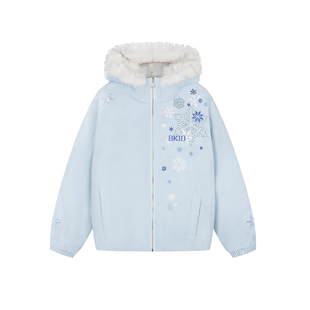 FOCK原创设计冰晶雪花棉服连帽外套男女秋冬情侣保暖宽松拉链上衣