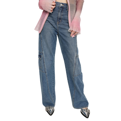 SLY不对称口袋复古蓝直筒牛仔裤