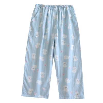夏季纯棉纱布女七分家居裤透气