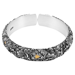 手工银镶金新中式牡丹花深雕高工款纯银手镯足银999传承款银手镯