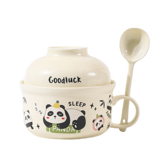 黑猫陶瓷泡面碗带盖勺带手柄学生个人专用方便面碗大号汤碗上班族