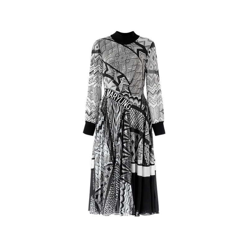 MARYLING黑白波纹印花连衣裙