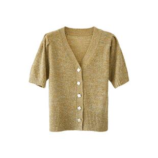 【到手99元】别致花纱混色V领显瘦针织开衫立体泡泡短袖上衣女夏