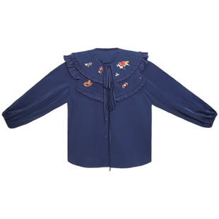 咖沫原创设计刺绣衬衫法式复古庄园宽松可拆卸披肩上衣2023秋冬女