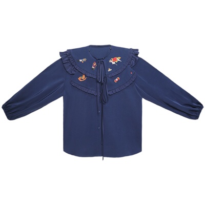 咖沫原创设计刺绣衬衫法式复古庄园宽松可拆卸披肩上衣秋冬女衬衣