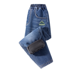 JU真维斯儿童加绒保暖牛仔萝卜裤 2025冬季新品大中童印花长裤子