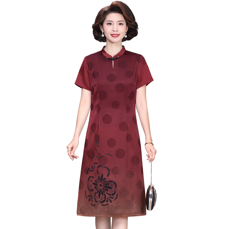 中老年妈妈新中式暗红色连衣裙