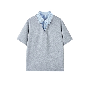 悟空有货夏季拼接假两件短袖POLO衫男女潮牌宽松情侣休闲百搭T恤