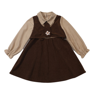 女童森系连衣裙2026春秋新款儿童学院风灯芯绒拼接裙子女孩公主裙