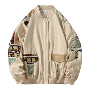 悟空有货街头复古嘻哈贴布拼接棒球服男潮牌宽松情侣休闲百搭夹克
