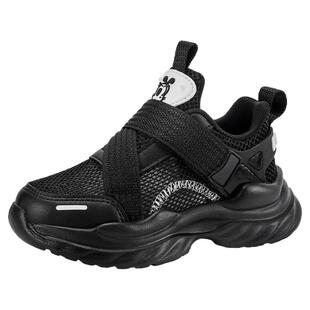 巴布豆儿童黑色运动鞋夏季新款镂空单网透气轻便男女童时尚跑步鞋