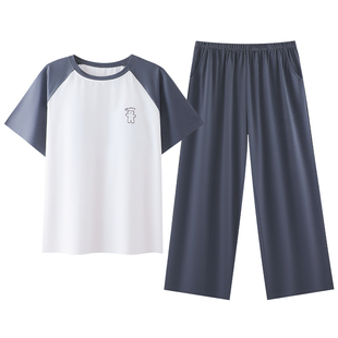 薄款带胸垫睡衣女夏款青少年学生高中少女短袖长裤家居服套装纯棉