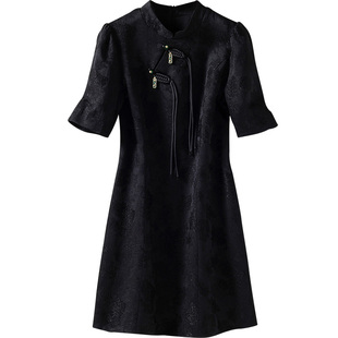 国风轻奢小黑裙 新中式旗袍裙高腰A字显瘦连衣裙2026夏季新款女装