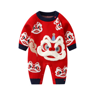 婴儿过年喜庆衣服冬装新生宝宝红色满月百天连体衣加绒新年拜年服