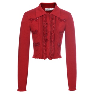 【张淼怡同款】lefame拉飞姆春季新款蝴蝶结长袖针织开衫红色毛衣