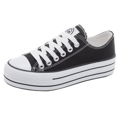 人本新款百搭黑色透气厚底帆布鞋