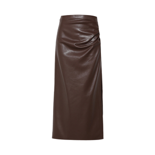 DPLAY2025年秋季气质百搭日常棕色半身裙女显瘦中长款直筒皮裙