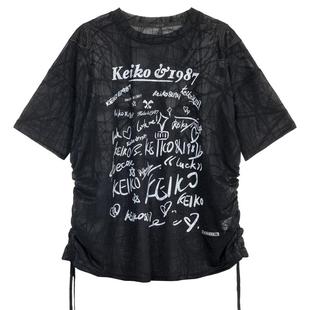 KEIKO 刺绣蝴蝶透感纱网短袖t恤25夏季美式辣妹宽松轻薄印花上衣