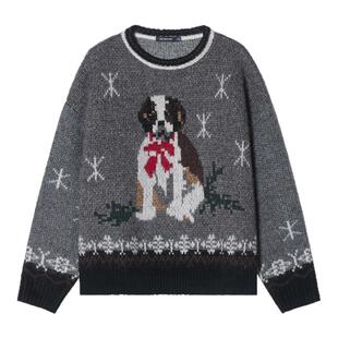 【毛茸茸】Unvesno(UN)复古伯恩山犬提花圆领套头针织衫保暖毛衣